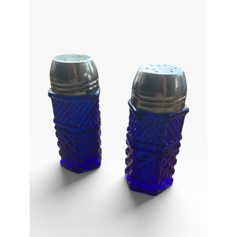 Vintage Cobalt Blue 4" Glass Hexagonal Salt Pepper Shakers Silver Metal Caps - Picture 6 of 7